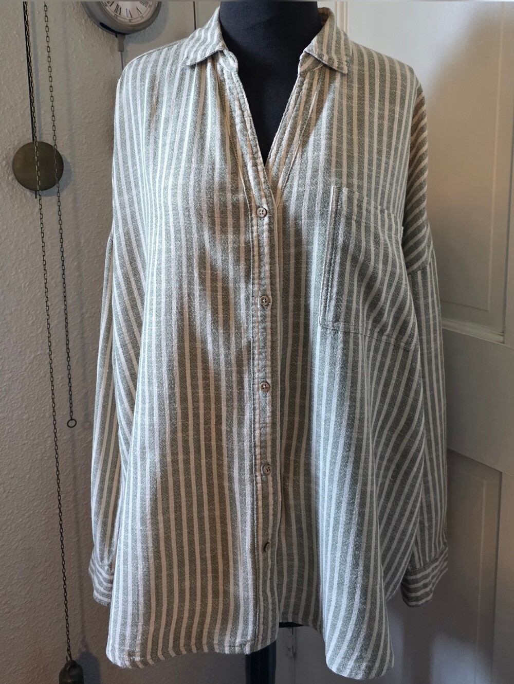 Cotton On Striped Button-Up Shirt in Olive Green and White